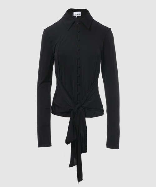 GANNI(ガニー)の「Shiny Jersey Long Sleeve Tie Blouse(シャツ/ブラウス・レディース・ブラック・38/36)」の1枚目の写真