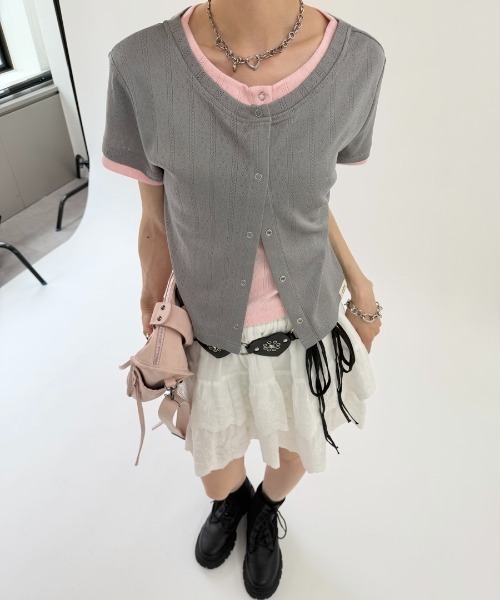 w closet(ダブルクローゼット)の「【無地/花柄】パターンメッシュレイヤードT 夏服(Tシャツ/カットソー・レディース・イエロー/ブルー/グレー/オフホワイト/ホワイト・FREE)」の7枚目の写真
