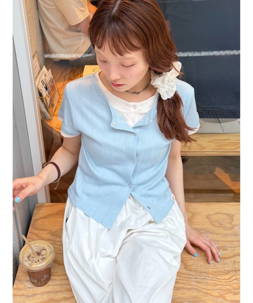 w closet(ダブルクローゼット)の「【無地/花柄】パターンメッシュレイヤードT 夏服(Tシャツ/カットソー・レディース・イエロー/ブルー/グレー/オフホワイト/ホワイト・FREE)」の11枚目の写真