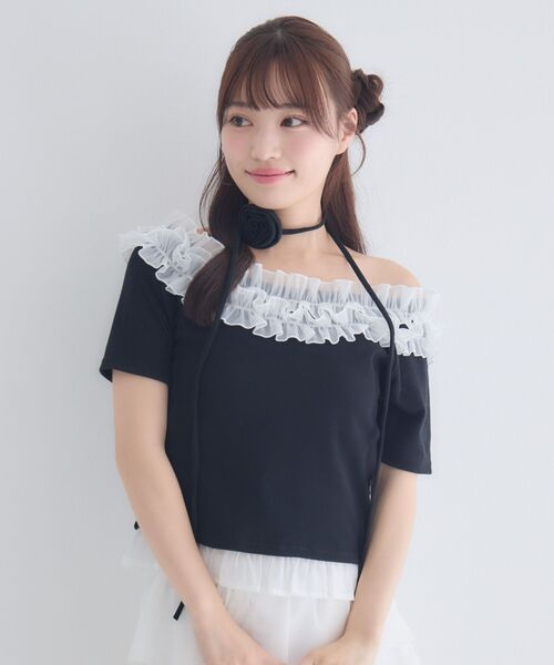 ems excite(エムズエキサイト)の「バラチョーカーつきフリルカットソー(Tシャツ/カットソー・レディース・ブルー/ブラック/ピンク・FREE)」の7枚目の写真