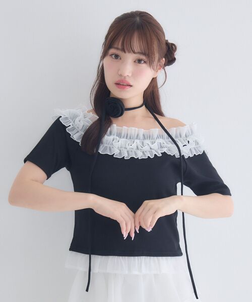 ems excite(エムズエキサイト)の「バラチョーカーつきフリルカットソー(Tシャツ/カットソー・レディース・ブルー/ブラック/ピンク・FREE)」の8枚目の写真