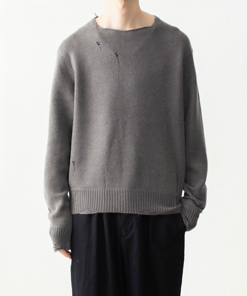 VEIN (ヴェイン)の「ウールカシミヤニット ディストレスト プルオーバー / WOOL CASHMERE KNIT DISTRESSED PULLOVER(ニット/セーター・メンズ・グレー/ブラック・2)」の2枚目の写真
