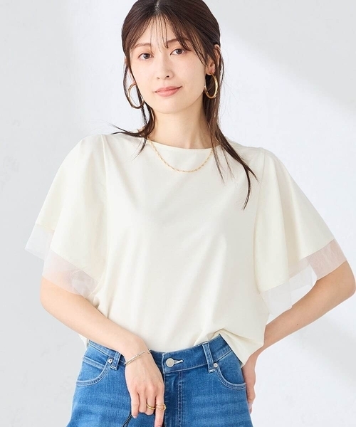 a.v.v(アーヴェヴェ)の「【接触冷感/UVカット】シアー切替フレアスリーブトップス(Tシャツ/カットソー・レディース・ブラック/アイボリー/ブルー/ライトピンク・36/38/40)」の2枚目の写真