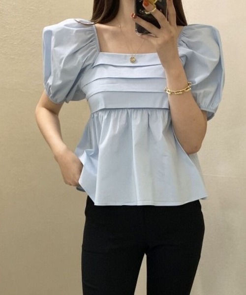 Beststore（ベストストア）の「パフスリーブ＆スクエアネック フロントプリーツ ペプラムブラウス（シャツ/ブラウス・レディース・ブラック/ホワイト/ブルー・FREE）」の17枚目の写真