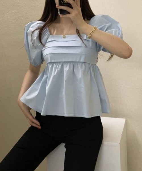 Beststore（ベストストア）の「パフスリーブ＆スクエアネック フロントプリーツ ペプラムブラウス（シャツ/ブラウス・レディース・ブラック/ホワイト/ブルー・FREE）」の18枚目の写真