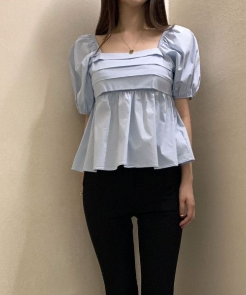 Beststore（ベストストア）の「パフスリーブ＆スクエアネック フロントプリーツ ペプラムブラウス（シャツ/ブラウス・レディース・ブラック/ホワイト/ブルー・FREE）」の20枚目の写真