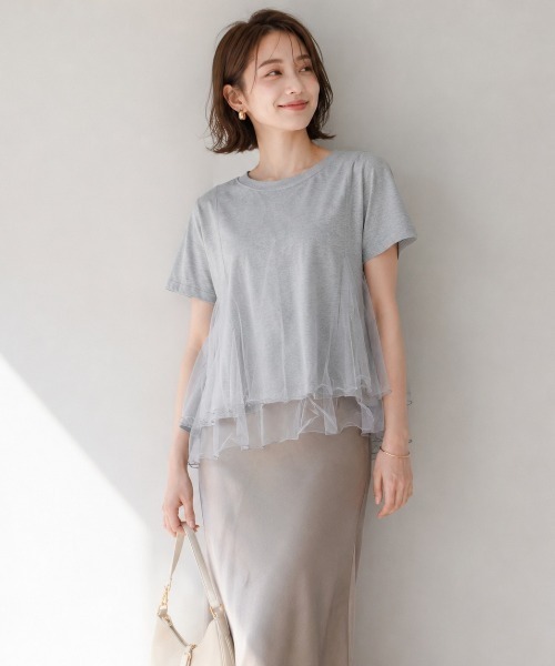 Lateru（ラテル）の「チュールフレアレイヤード T シャツ レディース 体型カバー（Tシャツ/カットソー・レディース・ホワイト/ブラック/グレー・FREE）」の3枚目の写真