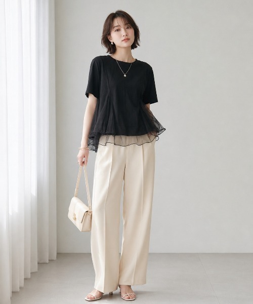 Lateru（ラテル）の「チュールフレアレイヤード T シャツ レディース 体型カバー（Tシャツ/カットソー・レディース・ホワイト/ブラック/グレー・FREE）」の2枚目の写真
