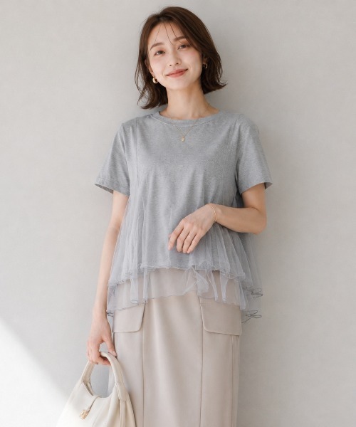 Lateru（ラテル）の「チュールフレアレイヤード T シャツ レディース 体型カバー（Tシャツ/カットソー・レディース・ホワイト/ブラック/グレー・FREE）」の4枚目の写真