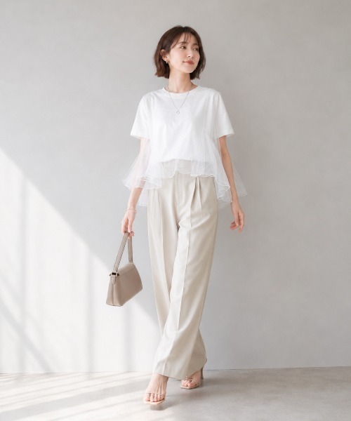 Lateru（ラテル）の「チュールフレアレイヤード T シャツ レディース 体型カバー（Tシャツ/カットソー・レディース・ホワイト/ブラック/グレー・FREE）」の6枚目の写真