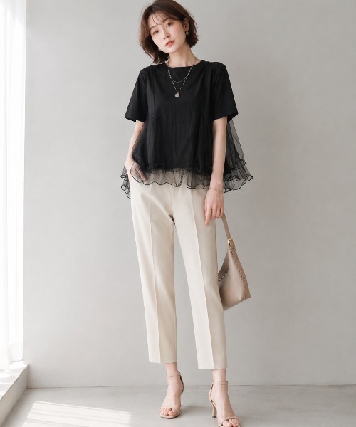 Lateru（ラテル）の「チュールフレアレイヤード T シャツ レディース 体型カバー（Tシャツ/カットソー・レディース・ホワイト/ブラック/グレー・FREE）」の8枚目の写真