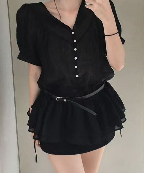 Chiina（チーナ）の「【Chiina】ティアードフリル ペプラムブラウス（Tシャツ/カットソー・レディース・ブラック/オフホワイト・FREE）」の2枚目の写真
