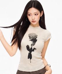 ローズプリント リブニットコンパクトTシャツ