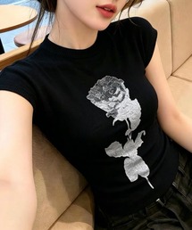 ローズプリント リブニットコンパクトTシャツ