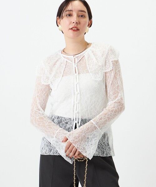 NOLLEY’S Sophi（ノーリーズソフィ）の「《セットアップ対応》ウォッシャブルラッセルレース付け襟ブラウス（シャツ/ブラウス・レディース・オリーブ/ホワイト・38）」の2枚目の写真