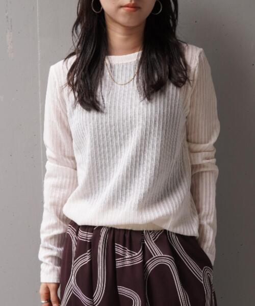 YENN（イエン）の「YENN（イエン）STRIPE SHEER RIB TEE（Tシャツ/カットソー・レディース・アイボリー/ブラック・F）」の2枚目の写真