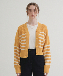 V-neck Ribbed Stripe Knit Cardigan (Yellow)