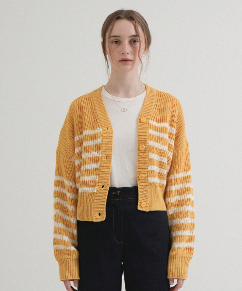 VLETI(ブレッティ)の「V-neck Ribbed Stripe Knit Cardigan (Yellow)(カーディガン/ボレロ・レディース・イエロー・FREE)」の1枚目の写真