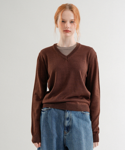 VLETI（ブレッティ）の「Premium Anti-filling Wool V-neck Basic Knit (Brown)（ニット/セーター・レディース・ブラウン・FREE）」の2枚目の写真