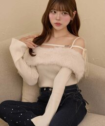 【Belle Charme】Fur Ribbon Off-shoulder Knit