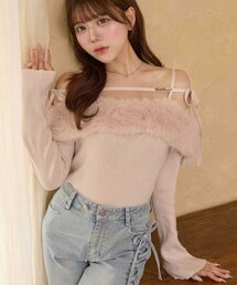 【Belle Charme】Fur Ribbon Off-shoulder Knit