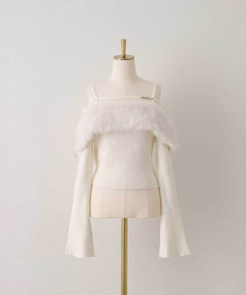 Belle Charme(ベルシャルム)の「【Belle Charme】Fur Ribbon Off-shoulder Knit(ニット/セーター・レディース・オフホワイト/ブラック/ピンク・FREE)」の6枚目の写真