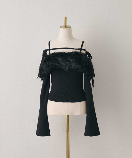 Belle Charme(ベルシャルム)の「【Belle Charme】Fur Ribbon Off-shoulder Knit(ニット/セーター・レディース・オフホワイト/ブラック/ピンク・FREE)」の9枚目の写真