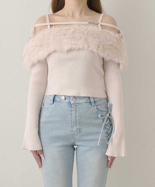 Belle Charme(ベルシャルム)の「【Belle Charme】Fur Ribbon Off-shoulder Knit(ニット/セーター・レディース・オフホワイト/ブラック/ピンク・FREE)」の13枚目の写真