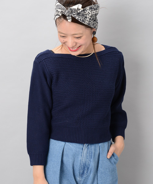 Omekashi(オメカシ)の「柄編み切替プルオーバー(ニット/セーター・レディース・アイボリー/ネイビー/ベージュ・フリ-)」の1枚目の写真