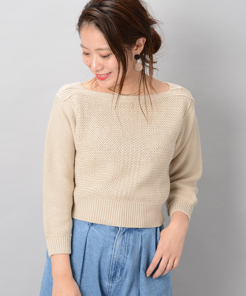 Omekashi(オメカシ)の「柄編み切替プルオーバー(ニット/セーター・レディース・アイボリー/ネイビー/ベージュ・フリ-)」の2枚目の写真