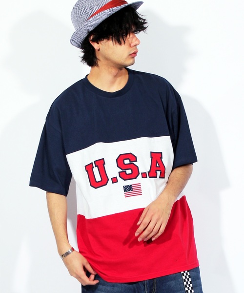 ８(eight)（エイト）の「USA ロゴ ビッグTシャツ（Tシャツ/カットソー・メンズ・ネイビー/ブラック×グリーン/ブラック×イエロー・MEDIUM/LARGE）」の3枚目の写真