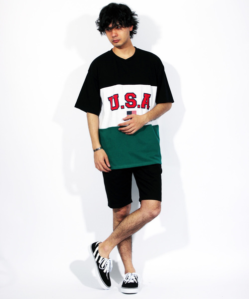 ８(eight)（エイト）の「USA ロゴ ビッグTシャツ（Tシャツ/カットソー・メンズ・ネイビー/ブラック×グリーン/ブラック×イエロー・MEDIUM/LARGE）」の21枚目の写真