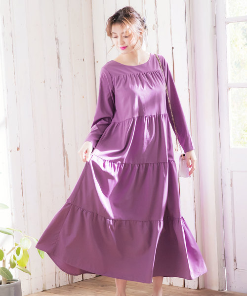 KOBE LETTUCE（コウベレタス）の「ロングスリーブティアードマキシワンピース（ワンピース・レディース・ブラック/パープル/ブラウン/オフホワイト/イエロー・FREE）」の11枚目の写真