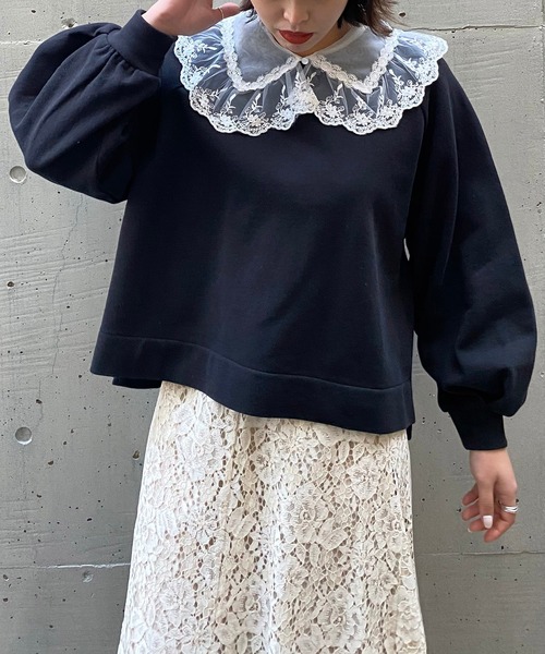 AS KNOW AS PINKY（アズノゥアズピンキー）の「透け衿付けちゃう裏毛プルオーバー（スウェット・レディース・ブラック/アイボリー/杢グレー/ライトピンク・FREE）」の5枚目の写真