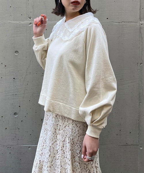 AS KNOW AS PINKY（アズノゥアズピンキー）の「透け衿付けちゃう裏毛プルオーバー（スウェット・レディース・ブラック/アイボリー/杢グレー/ライトピンク・FREE）」の6枚目の写真