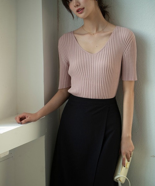 SAISON DE PAPILLON（セゾンドパピヨン）の「4分袖リブ編みサマーニットプルオーバー（ニット/セーター・レディース・ピンク/ホワイト/ブラック・M/L）」の3枚目の写真