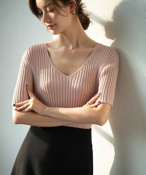 SAISON DE PAPILLON（セゾンドパピヨン）の「4分袖リブ編みサマーニットプルオーバー（ニット/セーター・レディース・ピンク/ホワイト/ブラック・M/L）」の6枚目の写真