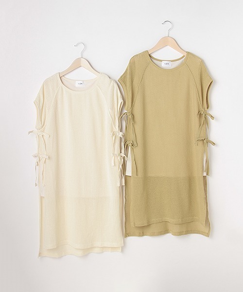 petit main LIEN(プティマインリアン)の「サイドスリットメッシュロングTシャツ(Tシャツ/カットソー・レディース・ライトカーキ/アイボリー・FREE)」の12枚目の写真