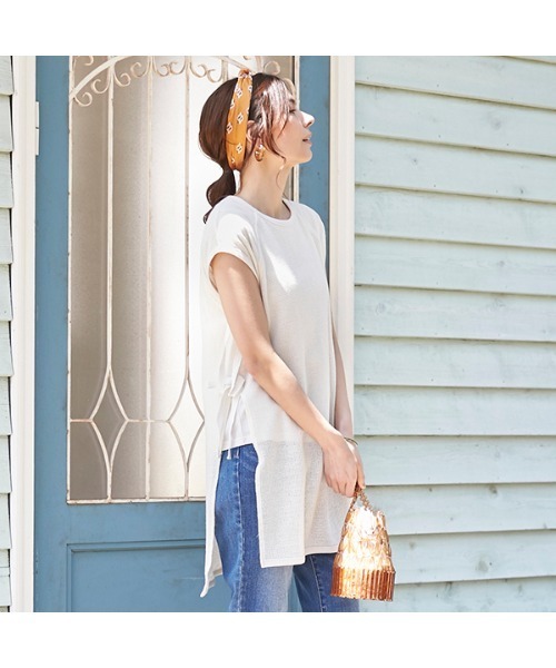petit main LIEN(プティマインリアン)の「サイドスリットメッシュロングTシャツ(Tシャツ/カットソー・レディース・ライトカーキ/アイボリー・FREE)」の15枚目の写真