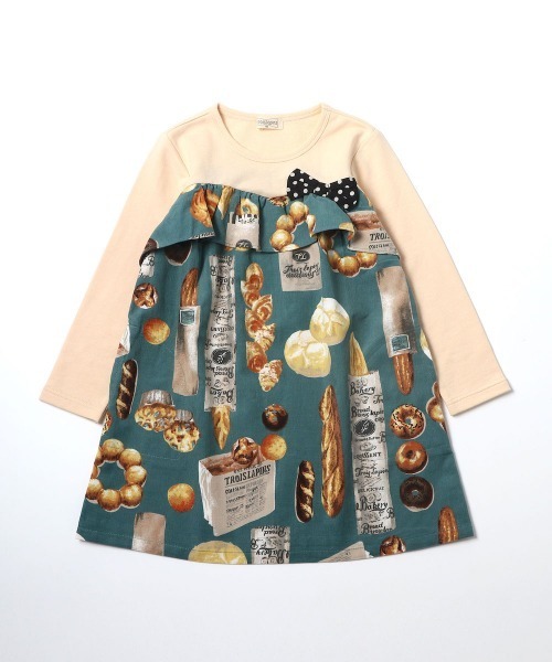 trois lapins kp（トロワラパンケーピー）の「ブレッド柄　ワンピース(100-130cm)（ワンピース・キッズ・ベージュ/グリーン・110cm/100cm/120cm/130cm）」の2枚目の写真
