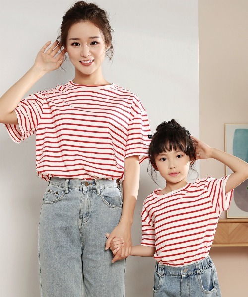 レディース お揃いもできるボーダー柄ドロップショルダーTシャツ