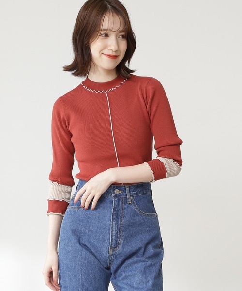 N.（N. Natural Beauty Basic）（エヌエヌナチュラルビューティーベーシック）の「◆バイカラーニット（ニット/セーター・レディース・オフホワイト/ブラック/レッド・MEDIUM）」の3枚目の写真