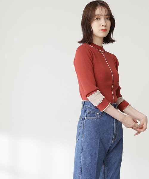 N.（N. Natural Beauty Basic）（エヌエヌナチュラルビューティーベーシック）の「◆バイカラーニット（ニット/セーター・レディース・オフホワイト/ブラック/レッド・MEDIUM）」の4枚目の写真