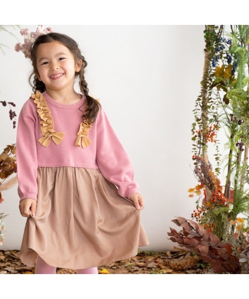 【セール】[85-130]リボン付き切替ワンピース ※洗えるニット（ワンピース）｜ami amie（アミアミ）