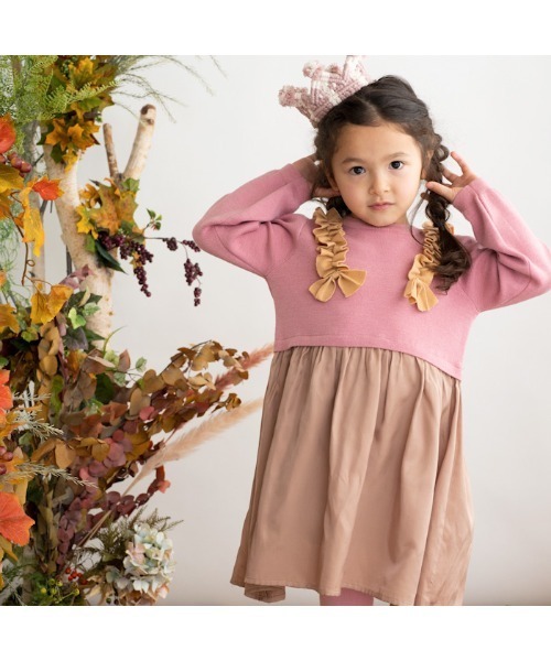 【セール】[85-130]リボン付き切替ワンピース ※洗えるニット（ワンピース）｜ami amie（アミアミ）