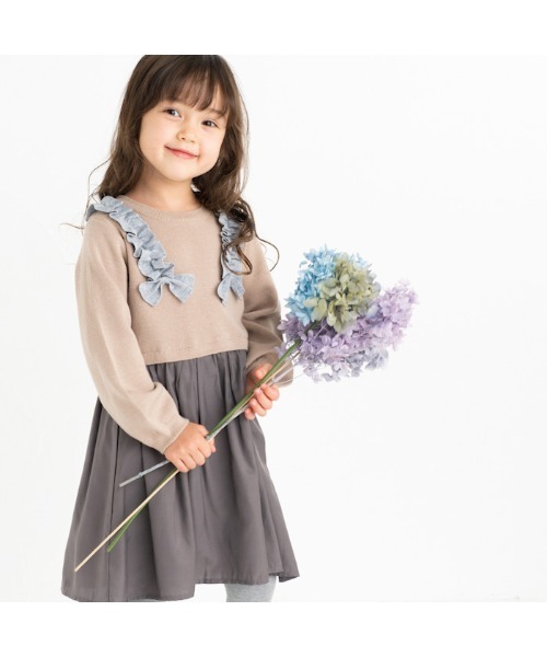 【セール】[85-130]リボン付き切替ワンピース ※洗えるニット（ワンピース）｜ami amie（アミアミ）