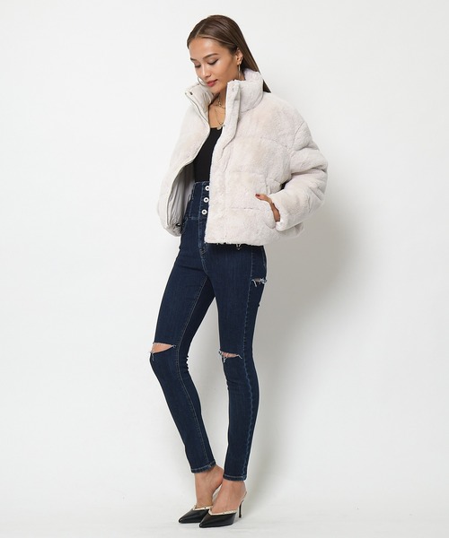 SPIRALGIRL（スパイラルガール）の「エコファー中綿ショートジャケット（ダウンジャケット/コート・レディース・ホワイト系その他/オフホワイト/ブラック・FREE）」の8枚目の写真