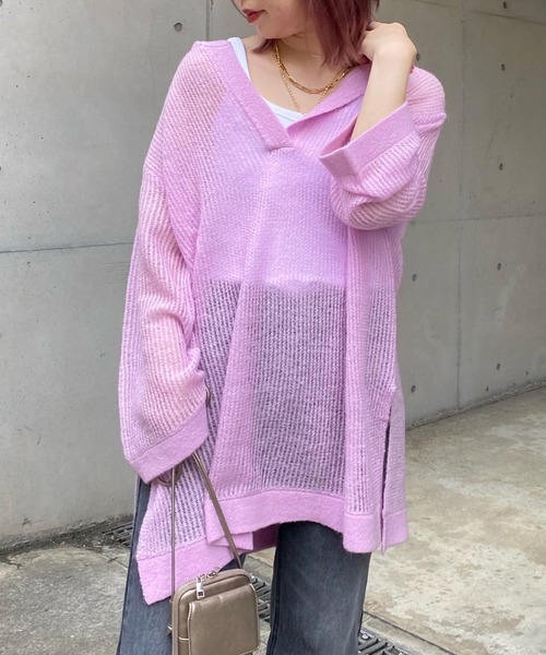 DouDou（ドゥドゥ）の「モヘヤフーディー（ニット/セーター・レディース・チャコールグレー/ピンク/グレイッシュベージュ・FREE）」の3枚目の写真