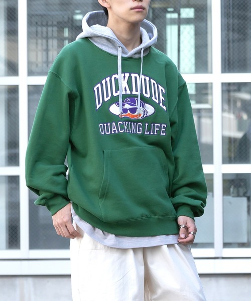 Duck Dude(ダックデュード)の「【DUCKDUDE/ダックデュード】カレッジロゴアップリケフーディ―/裏起毛(パーカー・メンズ・ブラック/グレー/グリーン・M/L/XL)」の3枚目の写真