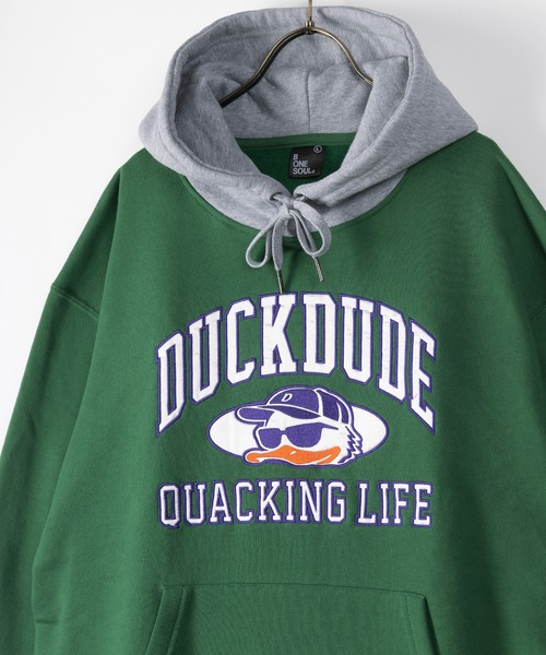 Duck Dude(ダックデュード)の「【DUCKDUDE/ダックデュード】カレッジロゴアップリケフーディ―/裏起毛(パーカー・メンズ・ブラック/グレー/グリーン・M/L/XL)」の5枚目の写真